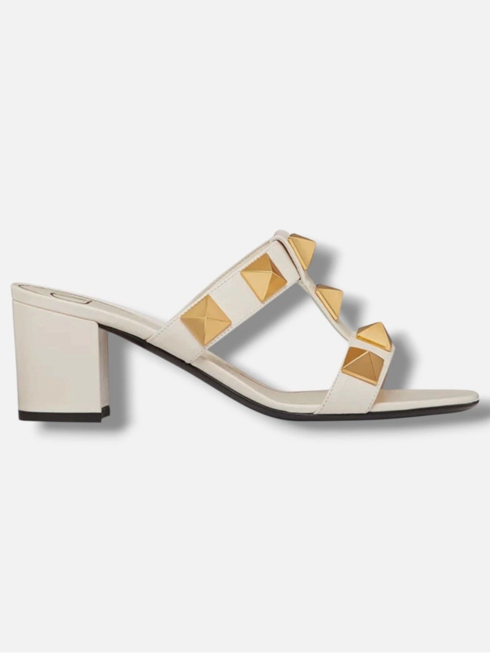 Valentino Garavani White Leather Block Heel Mules with Gold Pyramid Studs